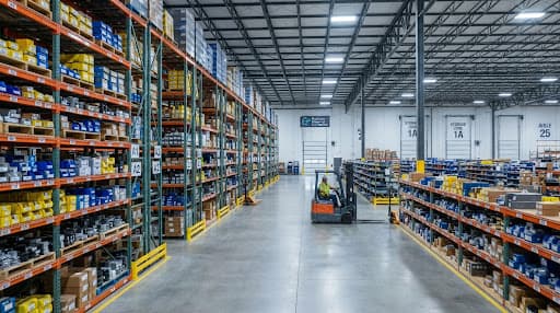 Warehouse fulfillment aisle with forklift